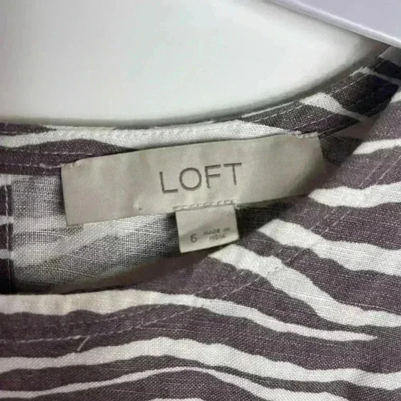 LOFT Zebra Brown White Sleeveless Pocket Linen Keyhole Shift Dress Women’s 6 - Picture 5 of 8